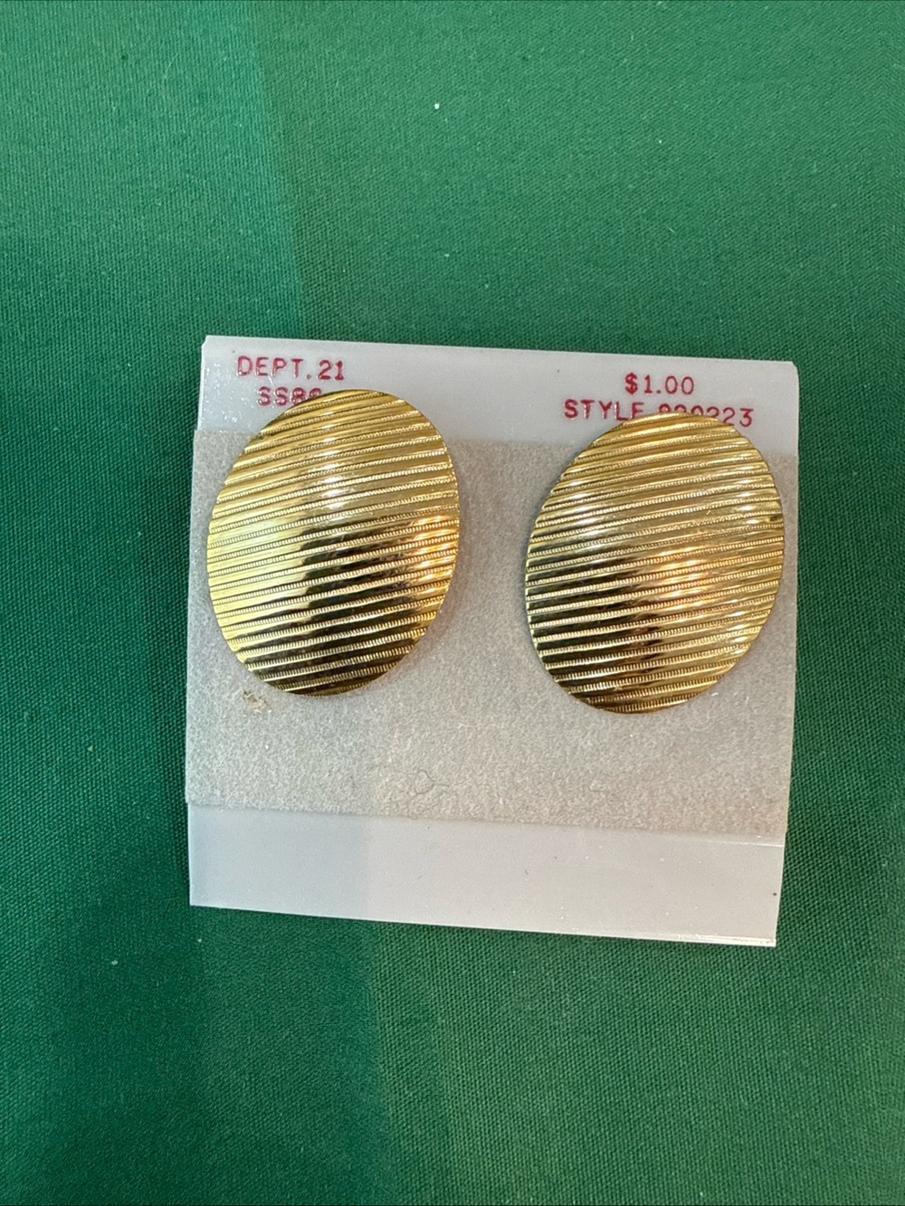Oval Ribbed  Disc Shiny Gold Metal Pierced Earrings - Jewelry #82A